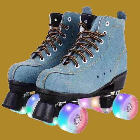 New Blue Eco-Suede Roller Skates with LED Flash Wheels, Size 9/EU40 Never Used - Picture 1 of 6